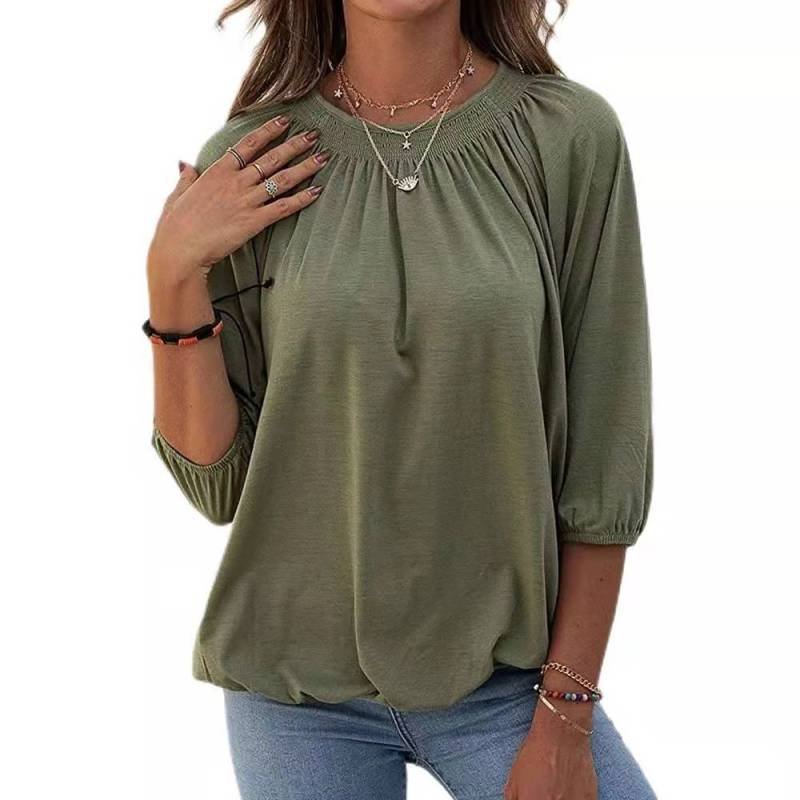 Solid Color Loose Round Neck 3/4 Sleeves Ladies T-Shirt