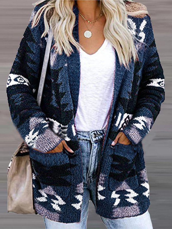 Women’s Abstract Print Open Front Long Sleeves Cardigan With Pockets