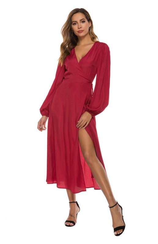 Women’s Solid Color Surplice V Neck Puff Sleeve With Elastic Cuffs Wrap Midi Dress