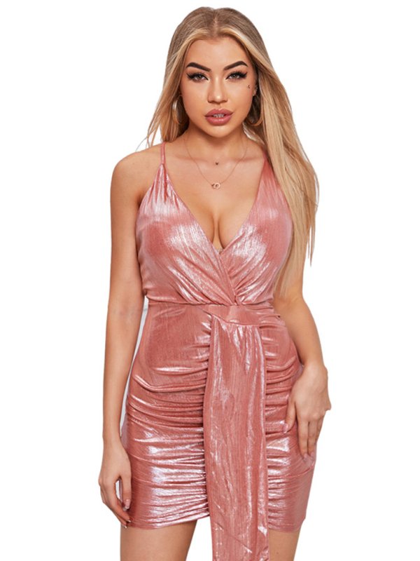 Women’s sexy back tie deep V -neck strap dress