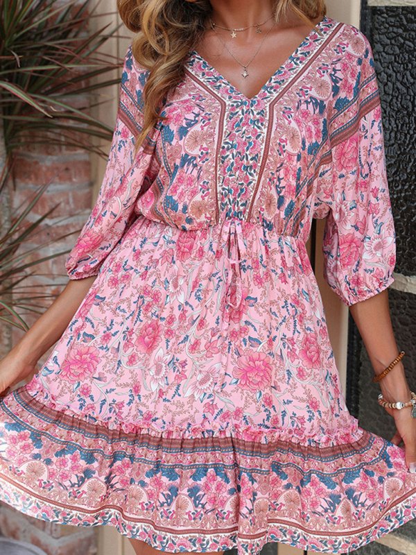 Women’s Printed Vintage Loose Pink Dress