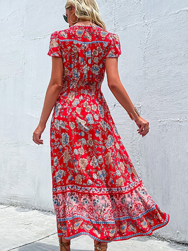 Women’s Floral Print  V-neck Flutter Short Sleeves Button Top Slit Front Midi Dress