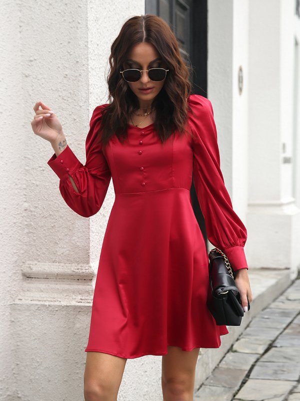 Women’s color satin love collar bubble sleeve French Long Sleeve Dress