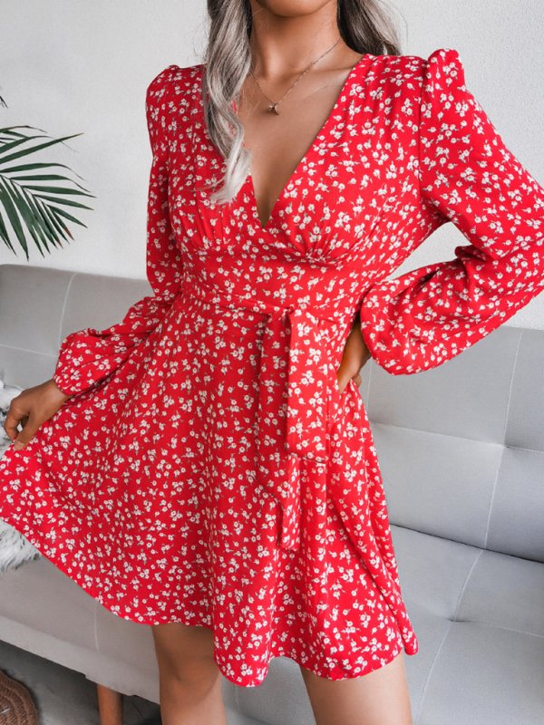 Women’s V-Neck long sleeve Floral Chiffon Dress