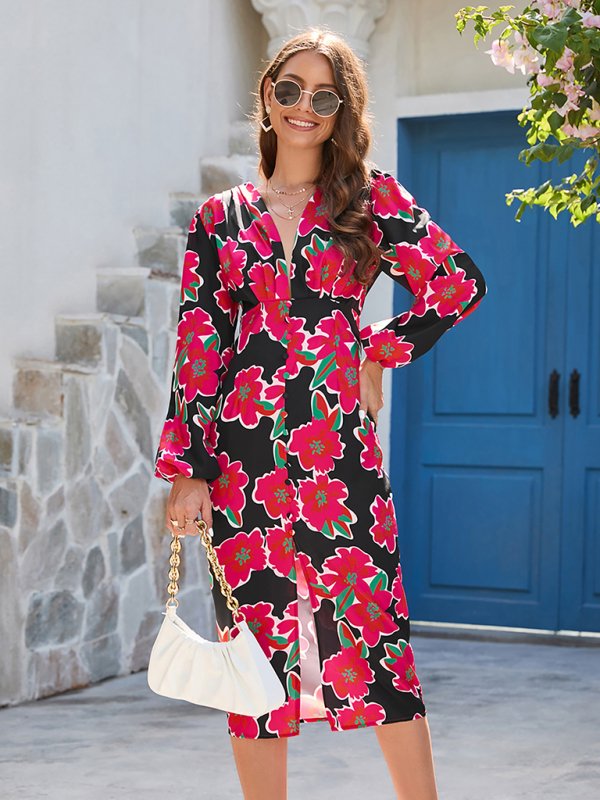 Women’s V-neck high waist floral print dress