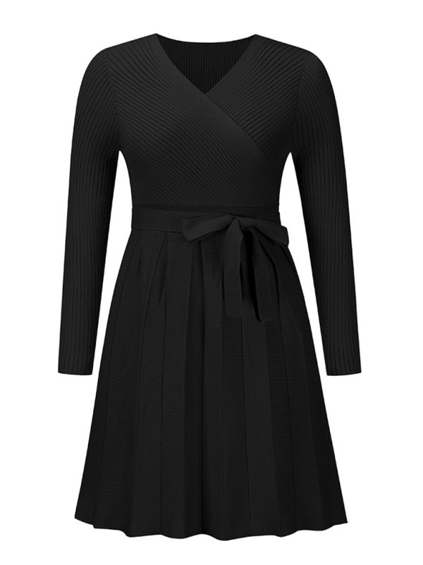 Women’s Long Sleeve Ribbed Deep V Neck Pleated A Line Skirt Faux Wrap Dress