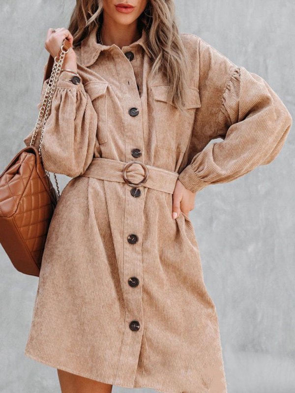 Women’s Solid Color Long Sleeve Button Front Removable Belt Corduroy Shirtdress