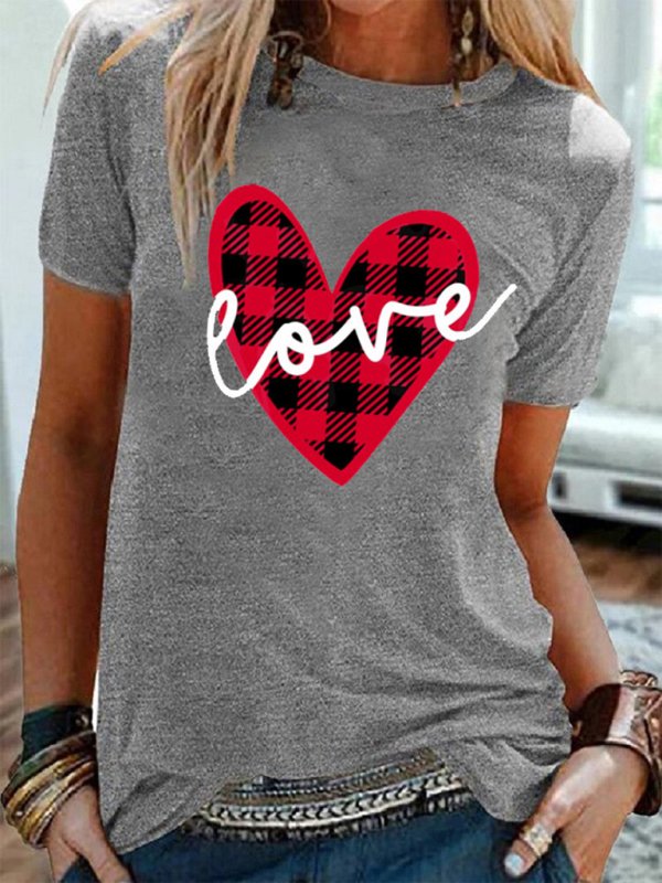 Check peach heart love print short-sleeved T-shirt top