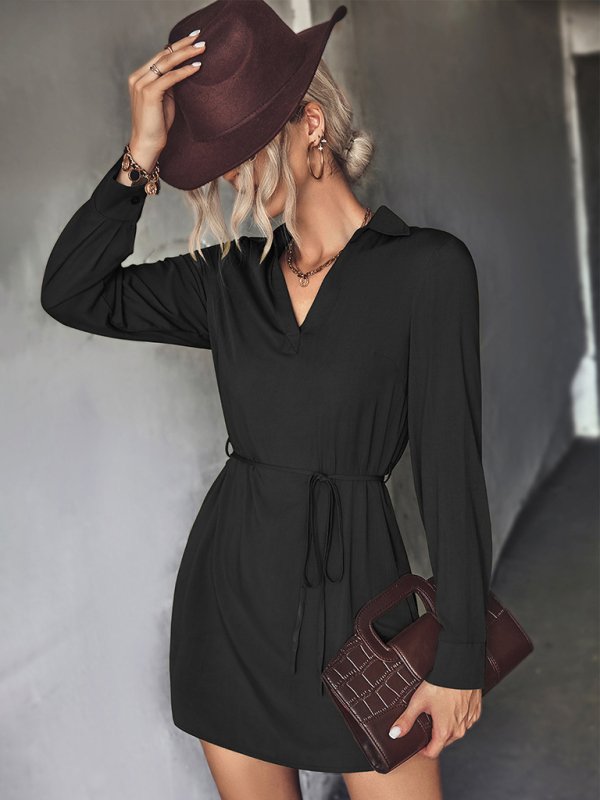 Women’s Solid Color Long Sleeve High Low Shirt Dress