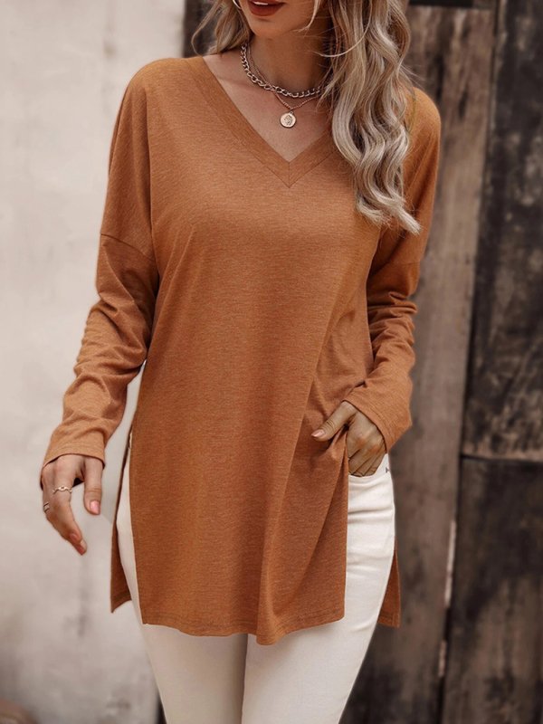 Women’s Solid Color V Neck Essential Long Sleeve Side Slit Longline T- Shirt