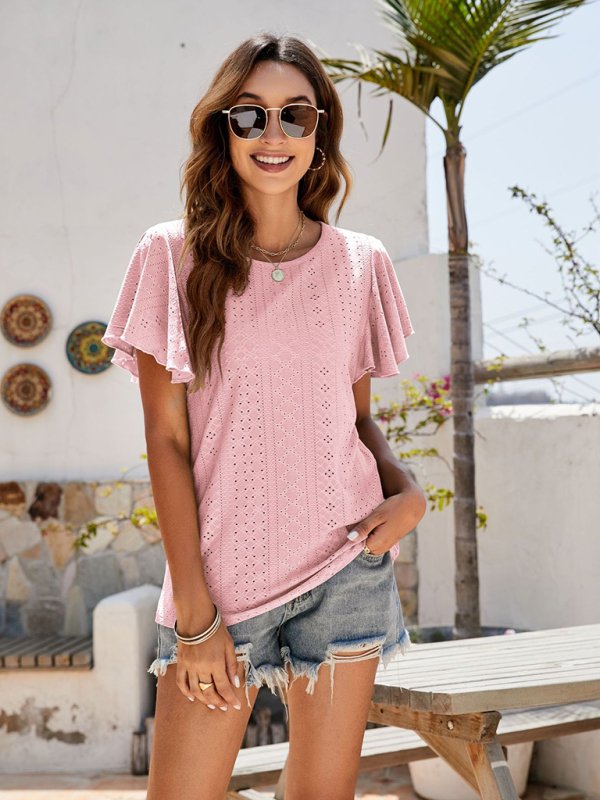 Women’s Solid Color Crewneck Petal Sleeve Open Knit T-shirt