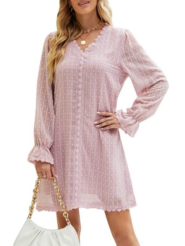 Women’s Solid Color Long Sleeve Lace Mini Dress