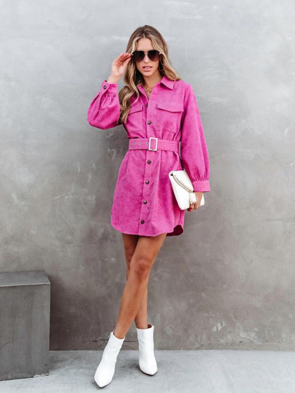 Women’s Belted Long-sleeve Cotton Corduroy Shirtdress