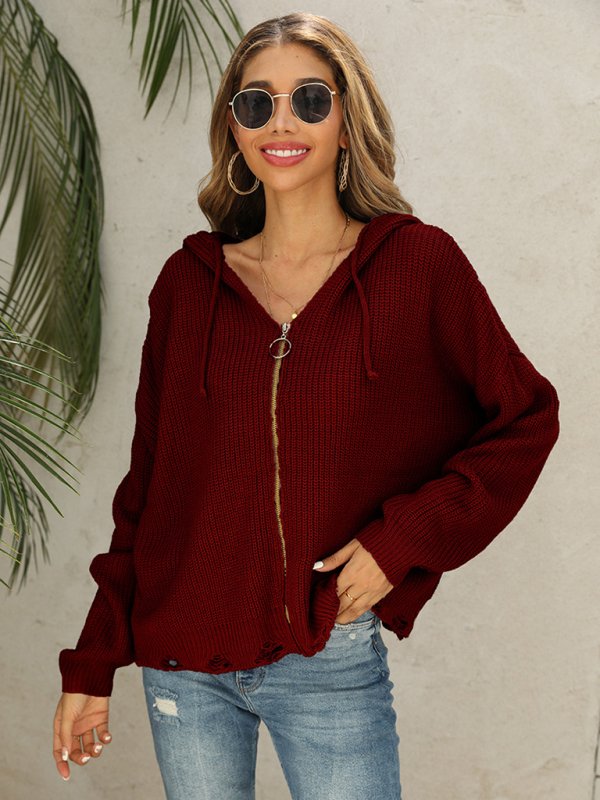 New Hooded Hole Cardigan Knitted Jacket Sweater