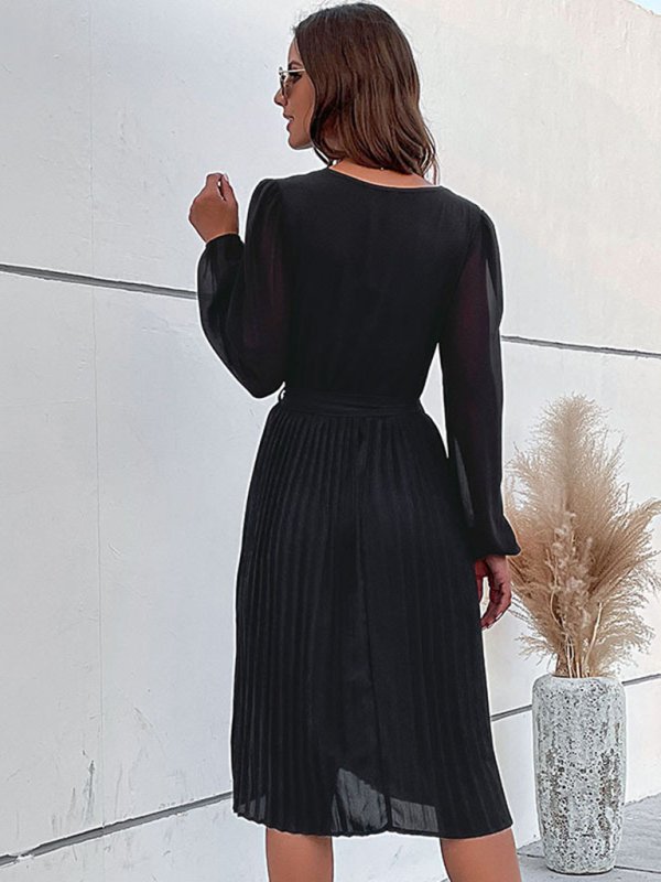 Women’s Solid Color Pleated Long Sleeve Faux Wrap Dress