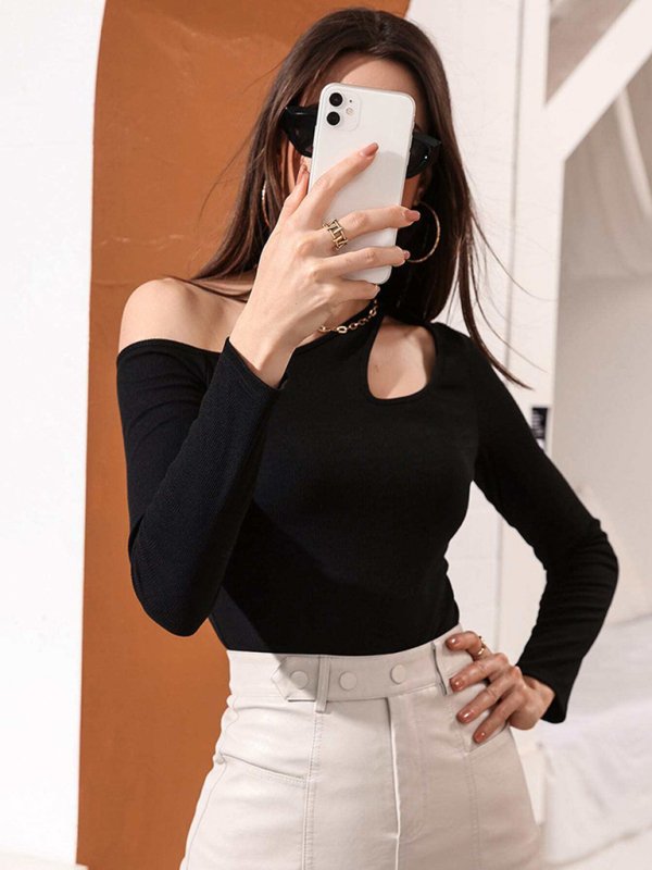 Women’s Knitted Sexy Hollow Off Shoulder Long Sleeve T-Shirt