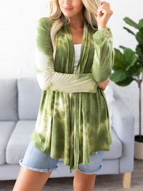 Women’s New Tops Tie-Dye Long-sleeved Knitted T-Shirt Swing Neck Cardigan