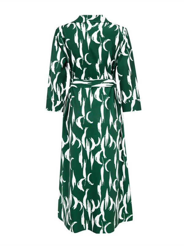 Women’s Printed Cropped Sleeves Casual Mid-Length Shirt Dress