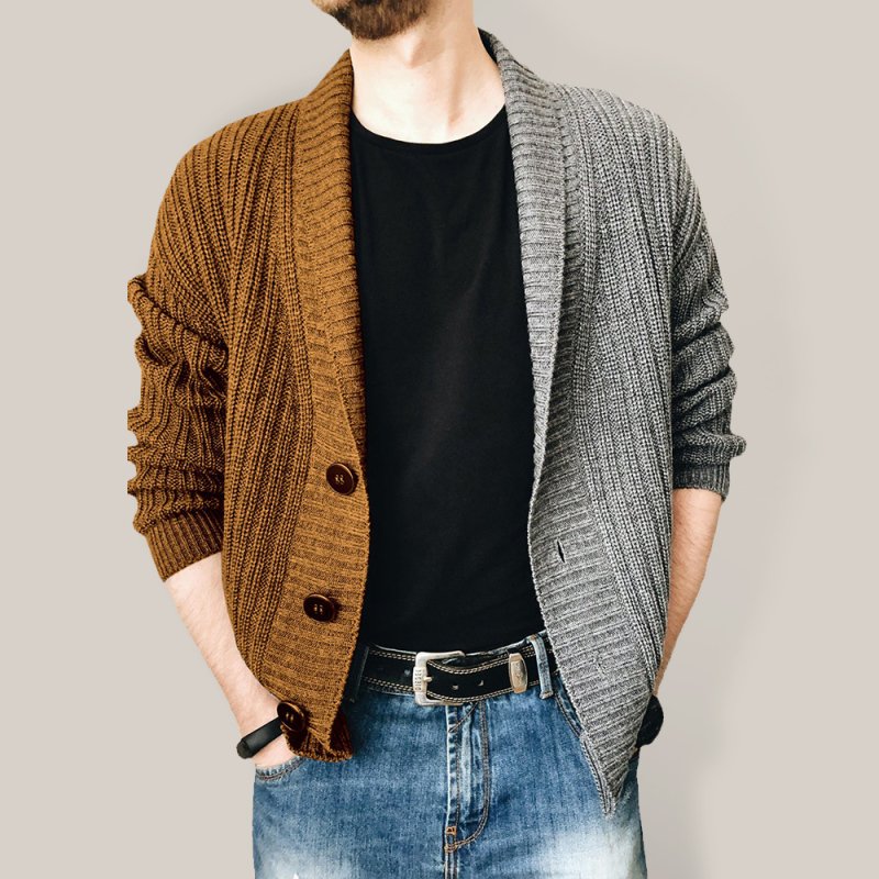 Men’s Two Tone Patchwork Single Breasted Long Sleeve Sweater Cardigan