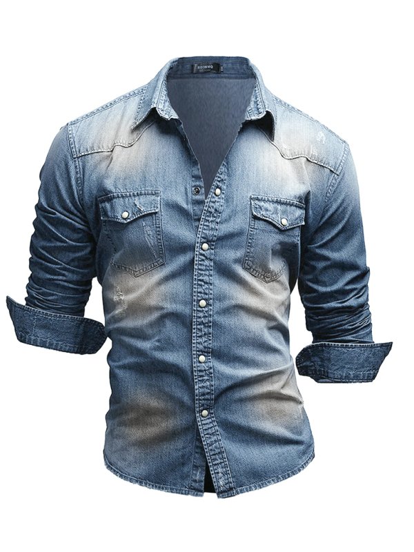 Casual Men’s Double Pocket Men’s Casual Long Sleeve Denim Shirt Jacket