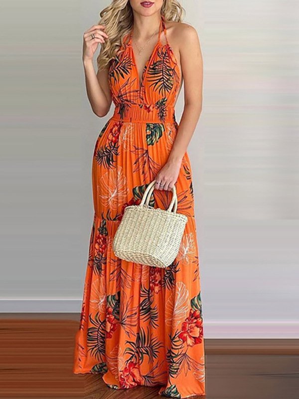 Halterneck Tie V-neck Floral Print Open-back Maxi Dress