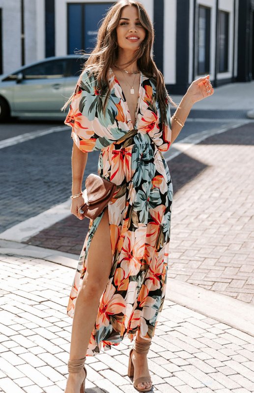 Women’s Orange Split Floral Kimono Long Dress