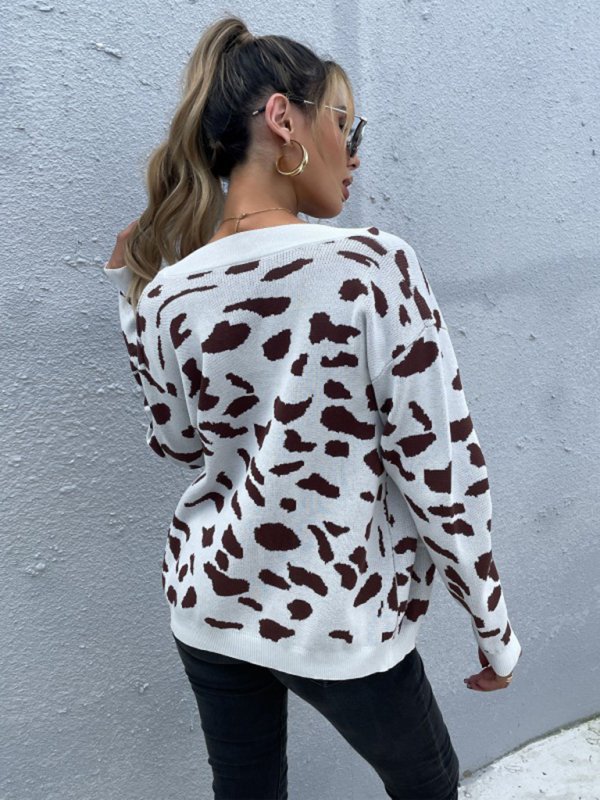 women’s wind leopard print v-neck knitted sweater coat