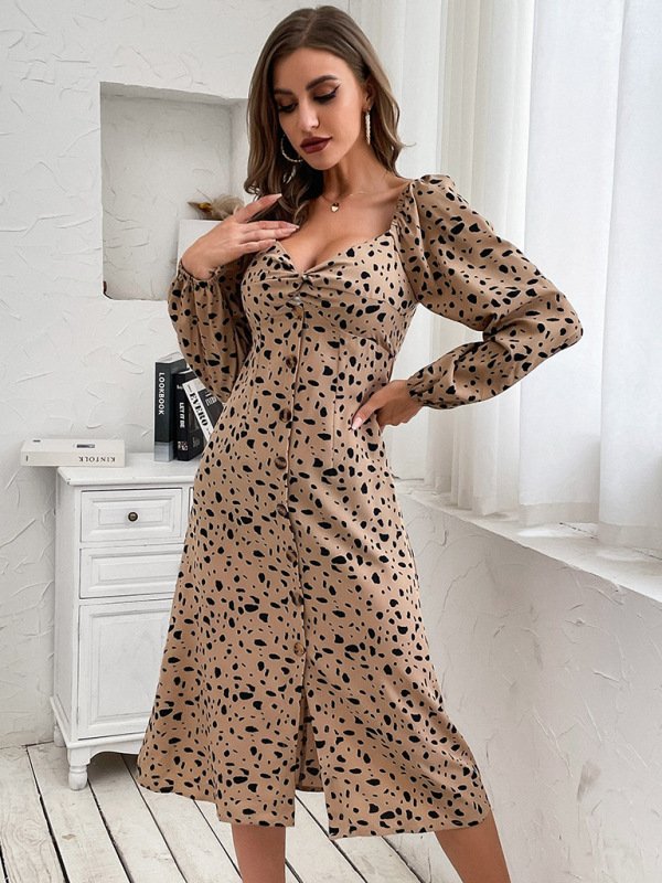 Women’s retro women’s leopard print backless long-sleeved elegant dresses