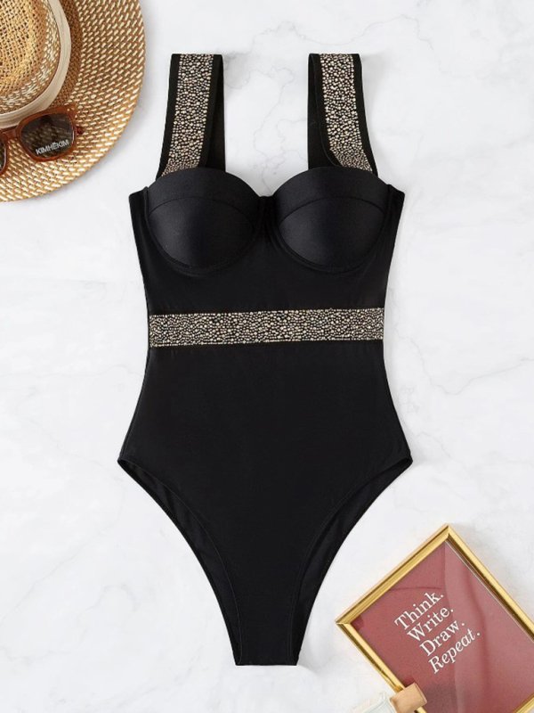 Women’s rivet decor push-up one-piece swimwear