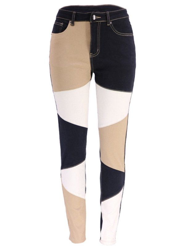 Women’s Two-color Stitching Street Wash High Waist Skinny Jeans