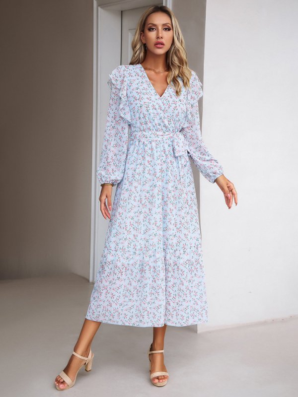 Women’s Fashion Casual Floral V-neck Long Sleeve Dress