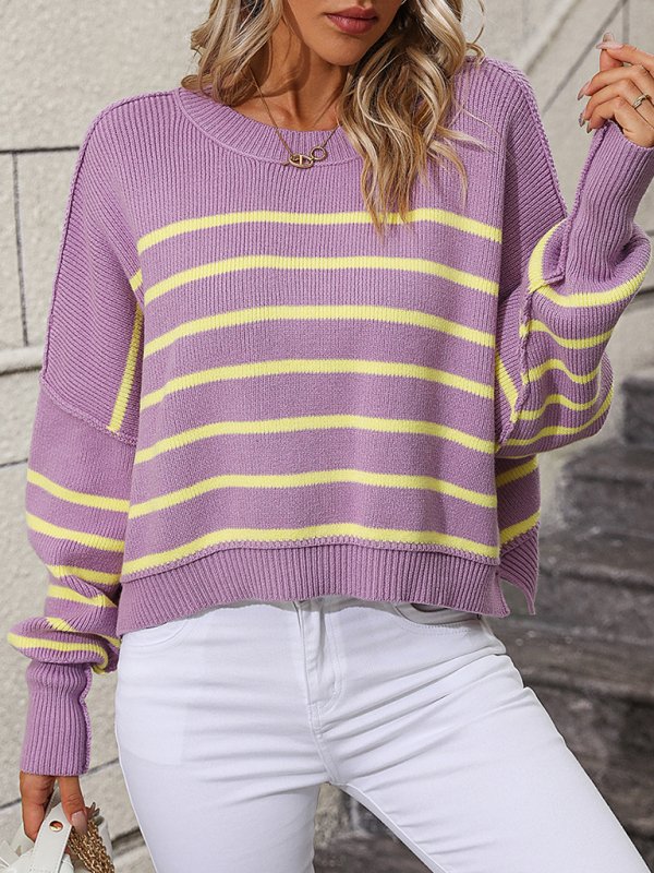 women’s round neck knitted sweater loose pullover striped sweater