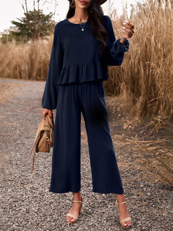 Temperament casual suit solid color long-sleeved top loose trousers