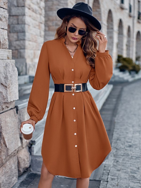 V-neck solid color cardigan long-sleeved waist dress