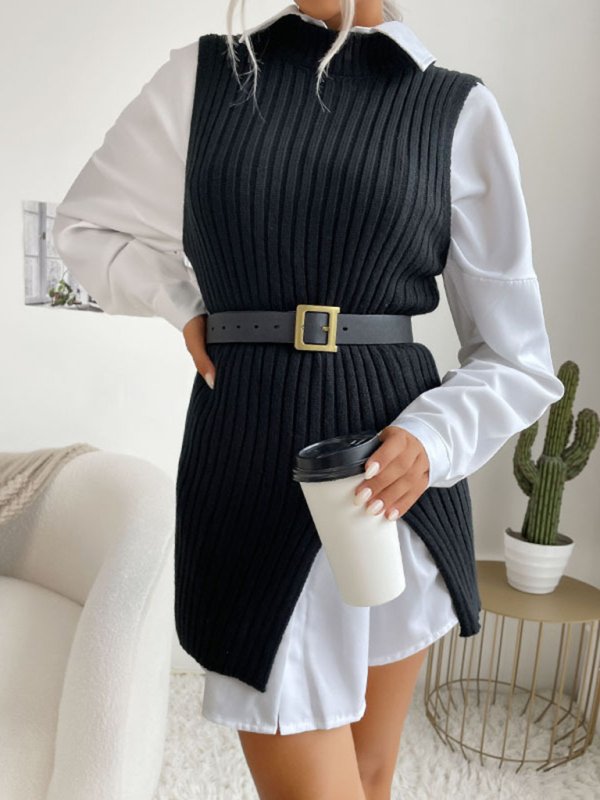 Women’s Slit Solid Color Mid-Length Vest Sweater