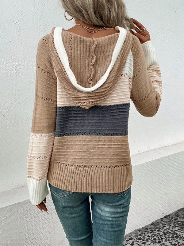 New women’s hooded color block pullover sweater