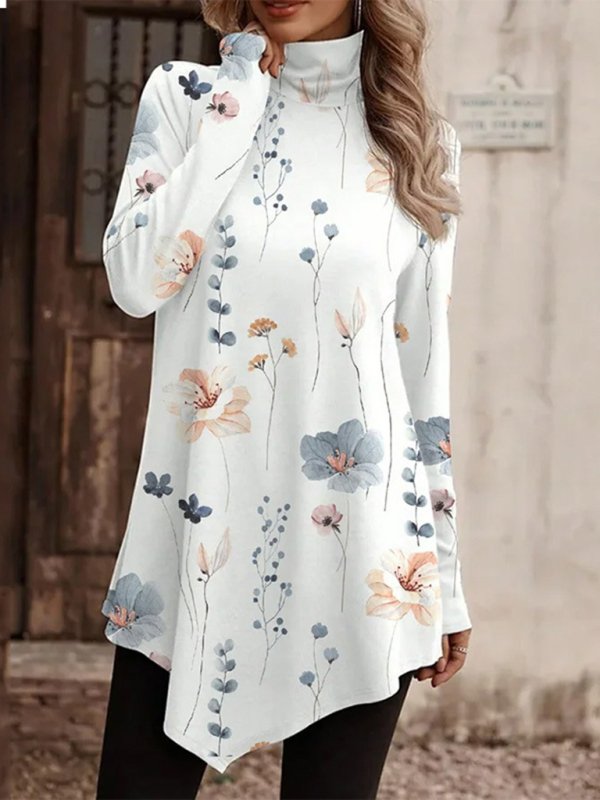 High collar bohemian print casual long sleeve T-shirt