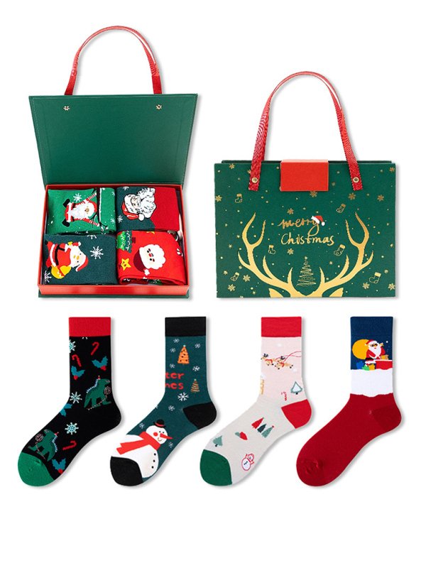 New Santa Claus Snowman Cartoon Cotton Socks Christmas Socks 4 Pairs Christmas Socks Gift Box Set