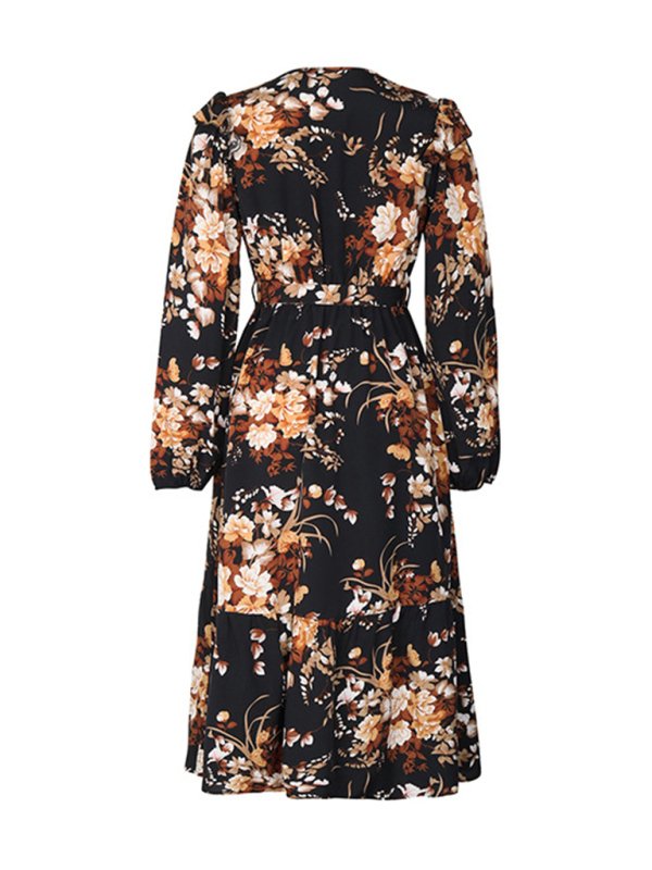 Women’s Ruffle Belt Printed Autumn Dress