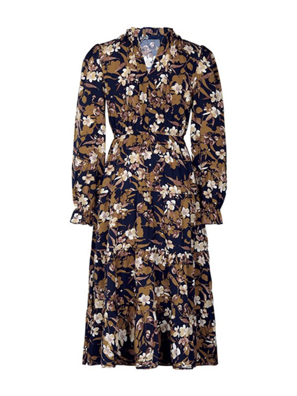 Women’s new V-neck waist long-sleeved printed dress