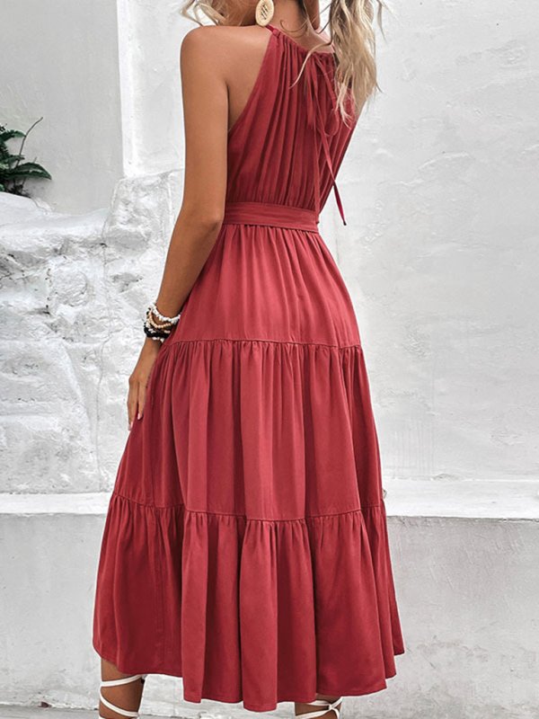 New fashionable women’s halterneck solid color mid-length dress