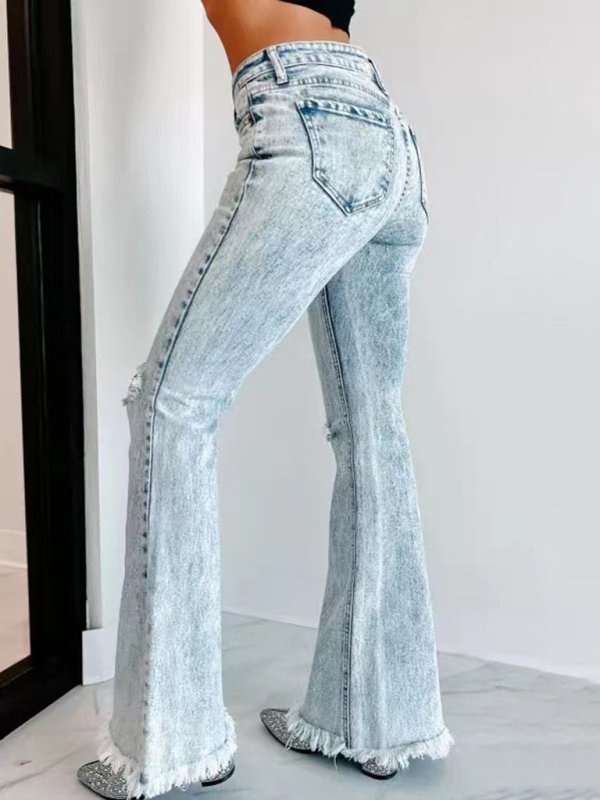 Women’s Long Ripped Flares Washed High Waist Jeans