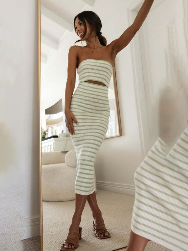 Women’s one-shoulder sexy tube top striped knitted slim fit hip-hugging dress