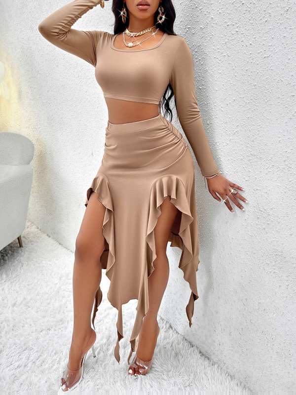 Women’s Solid Color Round Neck Long Sleeve Top Ruffled Skirt Suit