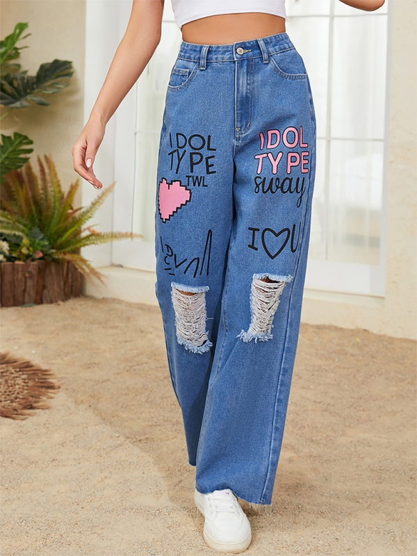 Pink love letter graffiti print street retro loose ripped raw edge denim trousers