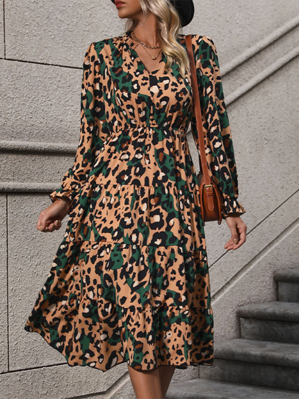 Women’s mid-length long-sleeved leopard print dress