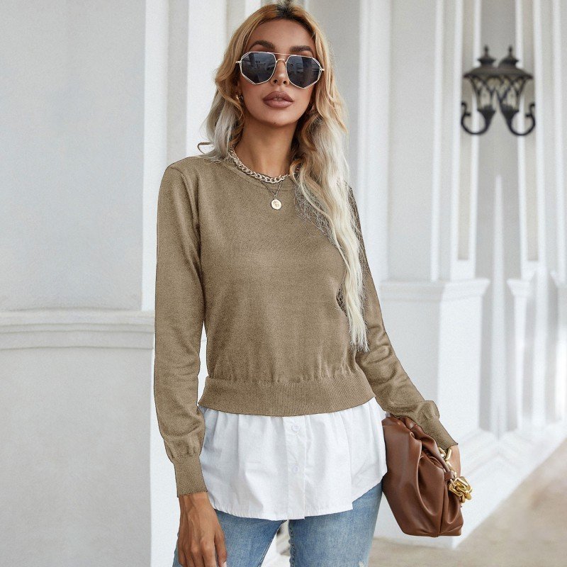 women’s slim knitted stitching shirt fake two-piece sweater